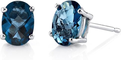 Peora 14K White Gold London Blue Topaz Earrings for Women, Natural Gemstone Classic Solitaire Studs, 7x5mm Oval Shape, 2 Carats total, Friction Back in Saudi Arabia