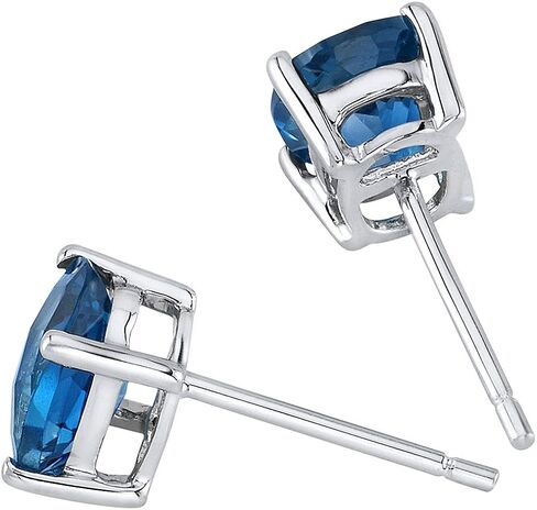 Peora 14K White Gold London Blue Topaz Earrings for Women, Natural Gemstone Classic Solitaire Studs, 7x5mm Oval Shape, 2 Carats total, Friction Back in Saudi Arabia