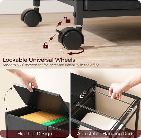خزانة ملفات متنقلة، خزانة ملفات جانبية بدرجين للمكتب المنزلي، حامل طابعة متدحرج مع رف مفتوح، لملفات بحجم A4/Letter، خزانة المكتب، درج غير منسوج، أسود FCHB9701 in Kuwait