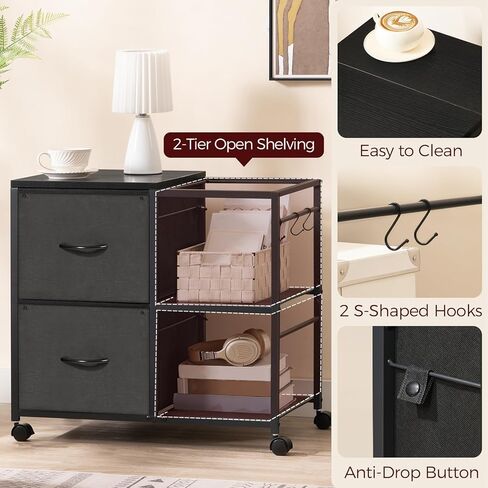 خزانة ملفات متنقلة، خزانة ملفات جانبية بدرجين للمكتب المنزلي، حامل طابعة متدحرج مع رف مفتوح، لملفات بحجم A4/Letter، خزانة المكتب، درج غير منسوج، أسود FCHB9701 in Kuwait