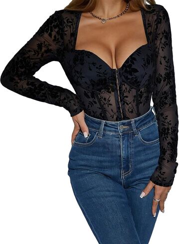 SHENHE Women's Floral Sweetheart Neckline Sheer Mesh Long Sleeve Sexy Bustier Bodysuit in Saudi Arabia