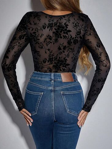 SHENHE Women's Floral Sweetheart Neckline Sheer Mesh Long Sleeve Sexy Bustier Bodysuit in Saudi Arabia