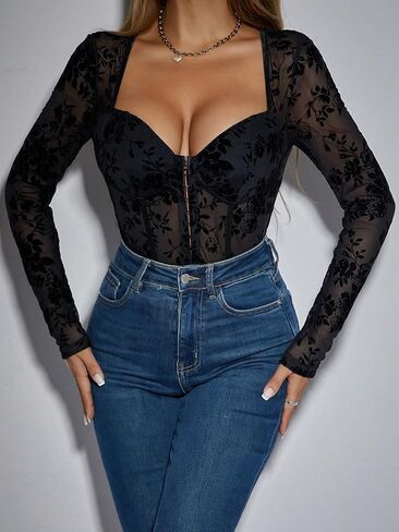SHENHE Women's Floral Sweetheart Neckline Sheer Mesh Long Sleeve Sexy Bustier Bodysuit in Saudi Arabia