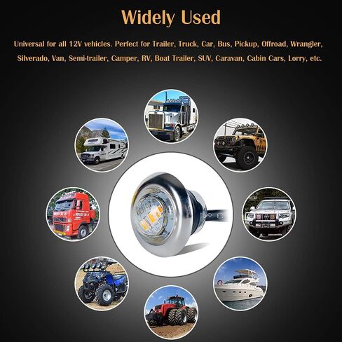 10pcs 3/4 inch Round Side 3pcs LEDs Marker Trailer Bullet License With Stainless Steel 304 Trim Ring Bezel Amber light+Clear lens in Saudi Arabia
