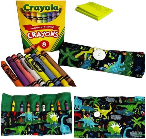 On the Go Crayons Caddy holder wrap roll up case, holds 9 to 18 Favorite Colors, perfect to keep your kids organized, inspired, & entertained -8 Crayons INCLUDED! USA Handmade (Dino, Small) in Saudi Arabia