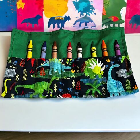 On the Go Crayons Caddy holder wrap roll up case, holds 9 to 18 Favorite Colors, perfect to keep your kids organized, inspired, & entertained -8 Crayons INCLUDED! USA Handmade (Dino, Small) in Saudi Arabia