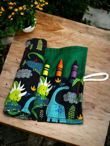 On the Go Crayons Caddy holder wrap roll up case, holds 9 to 18 Favorite Colors, perfect to keep your kids organized, inspired, & entertained -8 Crayons INCLUDED! USA Handmade (Dino, Small) in Saudi Arabia