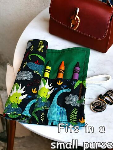 On the Go Crayons Caddy holder wrap roll up case, holds 9 to 18 Favorite Colors, perfect to keep your kids organized, inspired, & entertained -8 Crayons INCLUDED! USA Handmade (Dino, Small) in Saudi Arabia