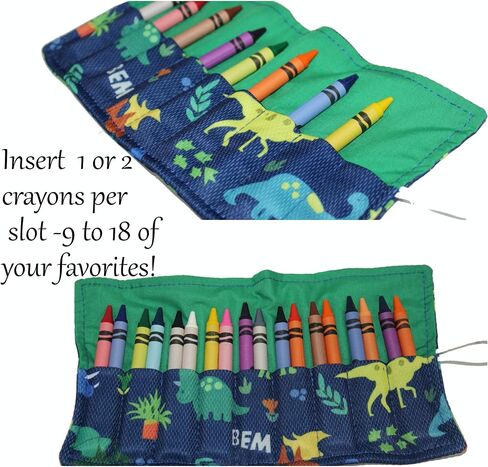 On the Go Crayons Caddy holder wrap roll up case, holds 9 to 18 Favorite Colors, perfect to keep your kids organized, inspired, & entertained -8 Crayons INCLUDED! USA Handmade (Dino, Small) in Saudi Arabia