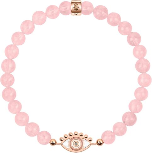 KARMA AND LUCK - Emotional Healing - Women's Real Rose Quartz 18K Rose Gold Plated Embedded Gorgeous Diamond Chip Evil Eye Charm Bracelet Handmade in Bali for Her in Kuwait