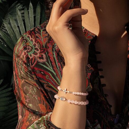 KARMA AND LUCK - Emotional Healing - Women's Real Rose Quartz 18K Rose Gold Plated Embedded Gorgeous Diamond Chip Evil Eye Charm Bracelet Handmade in Bali for Her in Kuwait