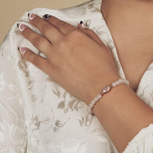 KARMA AND LUCK - Emotional Healing - Women's Real Rose Quartz 18K Rose Gold Plated Embedded Gorgeous Diamond Chip Evil Eye Charm Bracelet Handmade in Bali for Her in Kuwait