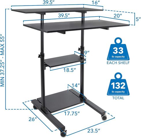 Mount-It! Wide Mobile Stand Up Desk | Height Adjustable Rolling Workstation with 40" Wide Table Tops | Multi-Purpose Rolling Presentation Cart with Four Platforms | Black (MI-7970B) in Saudi Arabia