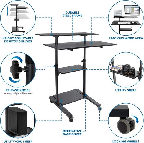 Mount-It! Wide Mobile Stand Up Desk | Height Adjustable Rolling Workstation with 40" Wide Table Tops | Multi-Purpose Rolling Presentation Cart with Four Platforms | Black (MI-7970B) in Saudi Arabia