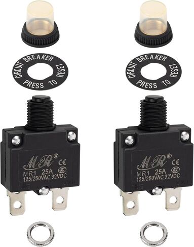 BlueStars 2 Packs 25Amp Thermal Circuit Breaker 125/250V AC 32V DC - Overload Protector with Push Button Manual Reset, Quick Connect Terminals, Waterproof Button Caps, Screws Kit in Saudi Arabia