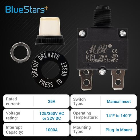 BlueStars 2 Packs 25Amp Thermal Circuit Breaker 125/250V AC 32V DC - Overload Protector with Push Button Manual Reset, Quick Connect Terminals, Waterproof Button Caps, Screws Kit in Saudi Arabia