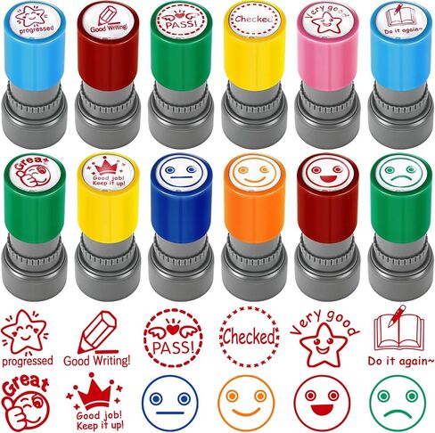 Pack of 12 Sorted Teacher Stamp Self-Inking Rubber Stamps Teacher Review Photosensitive Stamps Mood Expressions and Comments Teacher Review Stamp for Kids Education in Saudi Arabia