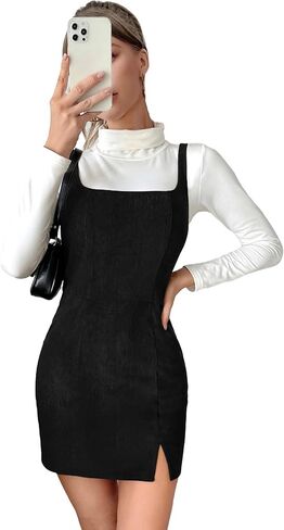 COZYEASE Women's Mini Pinafore Overall Dress Zip Up Split Hem Pinafore Straps Bodycon Dresses Without Tee in Saudi Arabia
