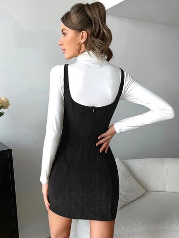 COZYEASE Women's Mini Pinafore Overall Dress Zip Up Split Hem Pinafore Straps Bodycon Dresses Without Tee in Saudi Arabia