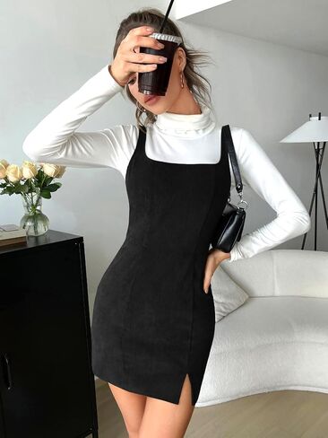 COZYEASE Women's Mini Pinafore Overall Dress Zip Up Split Hem Pinafore Straps Bodycon Dresses Without Tee in Saudi Arabia