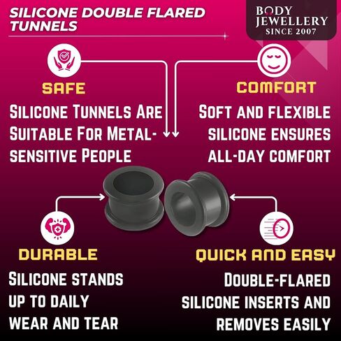 Black Implant grade sili Double Flare Tunnel Plug SI01 Ear Stretching Stretcher Piercing 2Pcs in Saudi Arabia