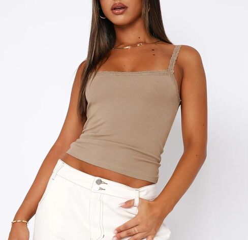 Women's Lace Patchwork Spaghetti Strap Crop Cami Tank Y2K Ribbed Shirts Top in Kuwait