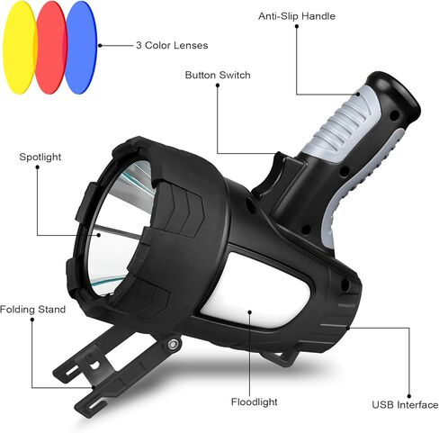 MIXILIN مصباح كشاف قابل لإعادة الشحن، فائق السطوع 900,000 لومن LED كشاف كشاف محمول في الهواء الطلق مع حامل ثلاثي الأرجل، مصباح كشاف كبير ومصباح كشاف للتخييم للقوارب البحرية in Kuwait
