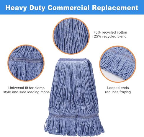 3-Pack Heavy Mop Replacement Head,Commercial Industrial Grade Blue Cotton Ring Heads,Cotton Looped End String Cleaning Mop Head Refill,Applied to Mop of Clamping Side-Loading Handles in Saudi Arabia