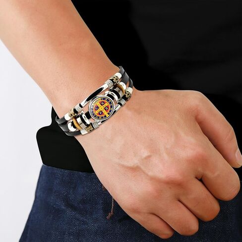 2 قطعة سوار سان بينيتو للرجال يتوهج في الظلام سوار متقاطع سانت بنديكت متعدد الطبقات من الجلد أزرار إطباقية مضفرة للأب والابن والزوج والأزواج مجوهرات in Kuwait