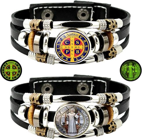 2 قطعة سوار سان بينيتو للرجال يتوهج في الظلام سوار متقاطع سانت بنديكت متعدد الطبقات من الجلد أزرار إطباقية مضفرة للأب والابن والزوج والأزواج مجوهرات in Kuwait