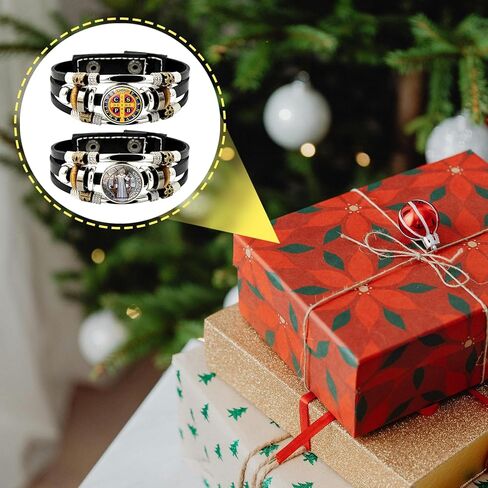 2 قطعة سوار سان بينيتو للرجال يتوهج في الظلام سوار متقاطع سانت بنديكت متعدد الطبقات من الجلد أزرار إطباقية مضفرة للأب والابن والزوج والأزواج مجوهرات in Kuwait