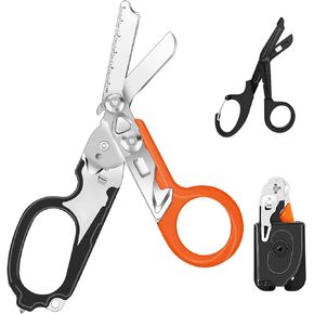 مقصات الصدمات متعددة الوظائف 6 في 1 مع حافظة، مقصات استجابة للطوارئ قابلة للطي من الفولاذ المقاوم للصدأ، أدوات مقص طبي للتخييم في الهواء الطلق، غمد مع مقص EMT (أسود + برتقالي) in Kuwait