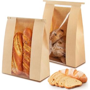100 PCS Large Paper Bread Bags, 13.7 x 8.2 x 3.5 Inches Bakery Bags with Window, Homemade Bread Loaf Bags with Tin Tie Tab Lock and Seal Stickers in Kuwait