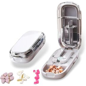 قاطعة حبوب منع الحمل، تقسم بدقة الحبوب الصغيرة أو الكبيرة والفيتامينات ذات الأشكال المختلفة مع شفرة آمنة ذاتية السحب (رمادي فاتح 1/2، 1/4) in Kuwait