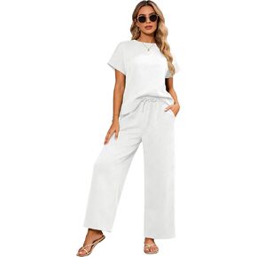 Bealin بدلات المسار للنساء مجموعة بلوزات قصيرة الأكمام بنطال ذو قصة أرجل واسعة 2 قطعة صالة مجموعات فضفاضة تناسب مطابقة وتتسابق in Kuwait