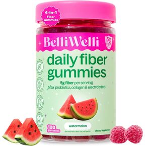Belli Welli Fiber 4-in-1 Fiber Gummies Supplement with Added Probiotics, Collagen and Electrolytes for Regularity and Bloat Relief, Watermelon, 120 Count in Kuwait