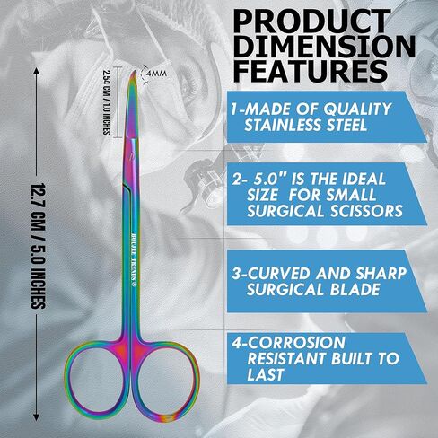 مقص خياطة الغرز مع طلاء تيتانيوم متعدد الألوان/قوس قزح - أداة عالية الجودة - خطاف دقيق - مثالي لإزالة الغرز والإسعافات الأولية وتدريب EMS والمزيد (13 سم) in Kuwait