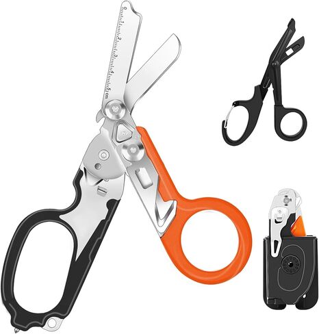 مقصات الصدمات متعددة الوظائف 6 في 1 مع حافظة، مقصات استجابة للطوارئ قابلة للطي من الفولاذ المقاوم للصدأ، أدوات مقص طبي للتخييم في الهواء الطلق، غمد مع مقص EMT (أسود + برتقالي) in Kuwait