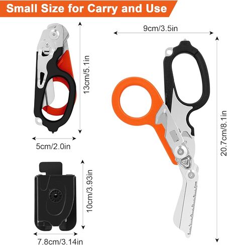 مقصات الصدمات متعددة الوظائف 6 في 1 مع حافظة، مقصات استجابة للطوارئ قابلة للطي من الفولاذ المقاوم للصدأ، أدوات مقص طبي للتخييم في الهواء الطلق، غمد مع مقص EMT (أسود + برتقالي) in Kuwait