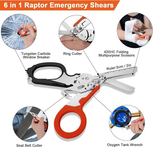 مقصات الصدمات متعددة الوظائف 6 في 1 مع حافظة، مقصات استجابة للطوارئ قابلة للطي من الفولاذ المقاوم للصدأ، أدوات مقص طبي للتخييم في الهواء الطلق، غمد مع مقص EMT (أسود + برتقالي) in Kuwait