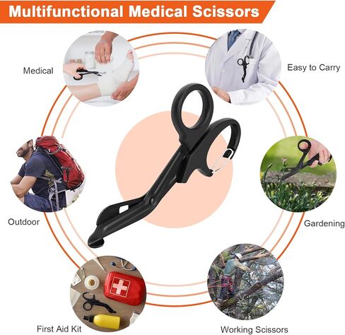 مقصات الصدمات متعددة الوظائف 6 في 1 مع حافظة، مقصات استجابة للطوارئ قابلة للطي من الفولاذ المقاوم للصدأ، أدوات مقص طبي للتخييم في الهواء الطلق، غمد مع مقص EMT (أسود + برتقالي) in Kuwait