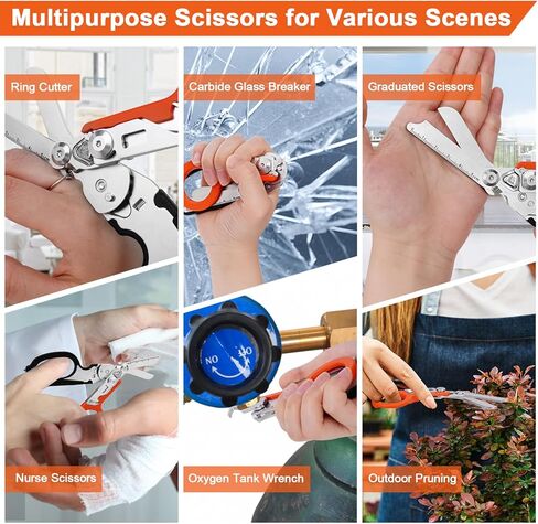 مقصات الصدمات متعددة الوظائف 6 في 1 مع حافظة، مقصات استجابة للطوارئ قابلة للطي من الفولاذ المقاوم للصدأ، أدوات مقص طبي للتخييم في الهواء الطلق، غمد مع مقص EMT (أسود + برتقالي) in Kuwait