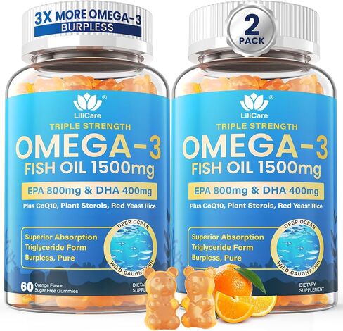 علكات زيت السمك أوميغا 3 1500 مجم للبالغين - قوة ثلاثية مع EPA وDHA، COQ10، أرز الخميرة الحمراء - مكملات أحماض أوميغا 3 الدهنية البرية للدماغ والدماغ - خالية من السكر، بدون تجشؤ، 120 قطعة in Saudi Arabia
