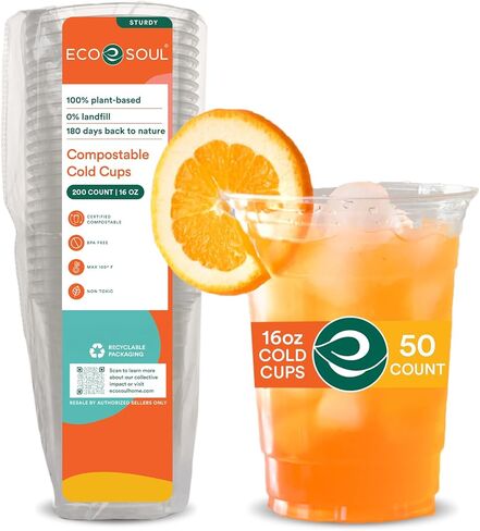 ECO SOUL 50 عبوة من أكواب الحفلات القابلة للتحلل 16 أونصة كوب بارد شفاف للاستعمال مرة واحدة للنبيذ والقهوة والعصائر ومشروبات الصودا | حفلات الكوكتيل وأعياد الميلاد | زجاج بلاستيكي غير سام وخالي من مادة BPA in Kuwait