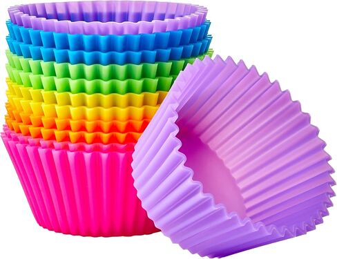 Amazon Basics Reusable Non-Stick Silicone Baking Cups, BPA Free, Muffin Liners, Dishwasher Safe, Microwave and Oven Safe, 2.9 x 2.9 x 1.3 in (LxWxH), Multicolor, 12-Pack in Saudi Arabia