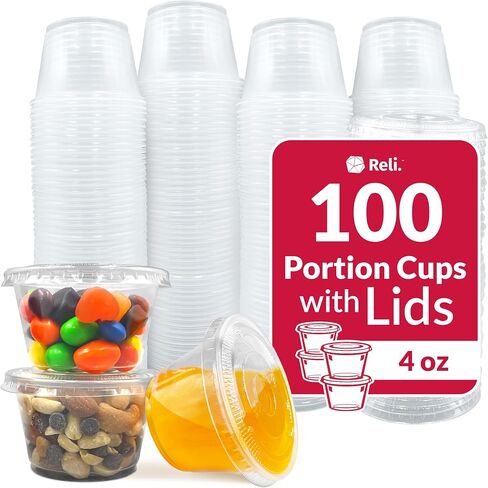 Reli. 4 oz Condiment Containers with Lids (100 sets) | Ideal for Sauce, Souffle, Samples, Jello Shot Cups | Disposable, BPA-Free Plastic | Small Containers 4oz, Bulk in Saudi Arabia