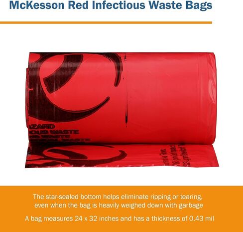 McKesson Infectious Waste Bags - Star-Sealed Bottom, 0.43 mil - Red, 10 gal - 15 gal Capacity, 24 in x 32 in, 500 Count in Saudi Arabia
