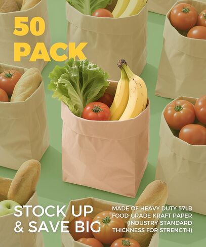Brown Paper Bags（50 Count）– Heavy Duty Large Kraft Paper Grocery Bags 12x7x17 Inch for Shopping, Storage, Takeout, Retail, Bulk Pack in Kuwait