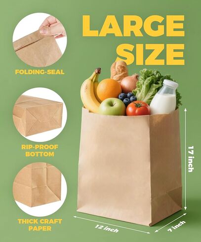 Brown Paper Bags（50 Count）– Heavy Duty Large Kraft Paper Grocery Bags 12x7x17 Inch for Shopping, Storage, Takeout, Retail, Bulk Pack in Kuwait