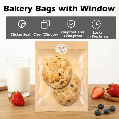 100 عبوة من أكياس البسكويت مع نافذة من Lsnisni، أكياس مخبز ورقية مقاومة للزيوت مقاس 13.97 سم × 19.05 سم، أكياس تغليف البسكويت قابلة للإغلاق بالحرارة من كرافت لتقديم الهدايا لبيع المخبوزات للبسكويت والدونات والشرائح والساندويتشات in Kuwait